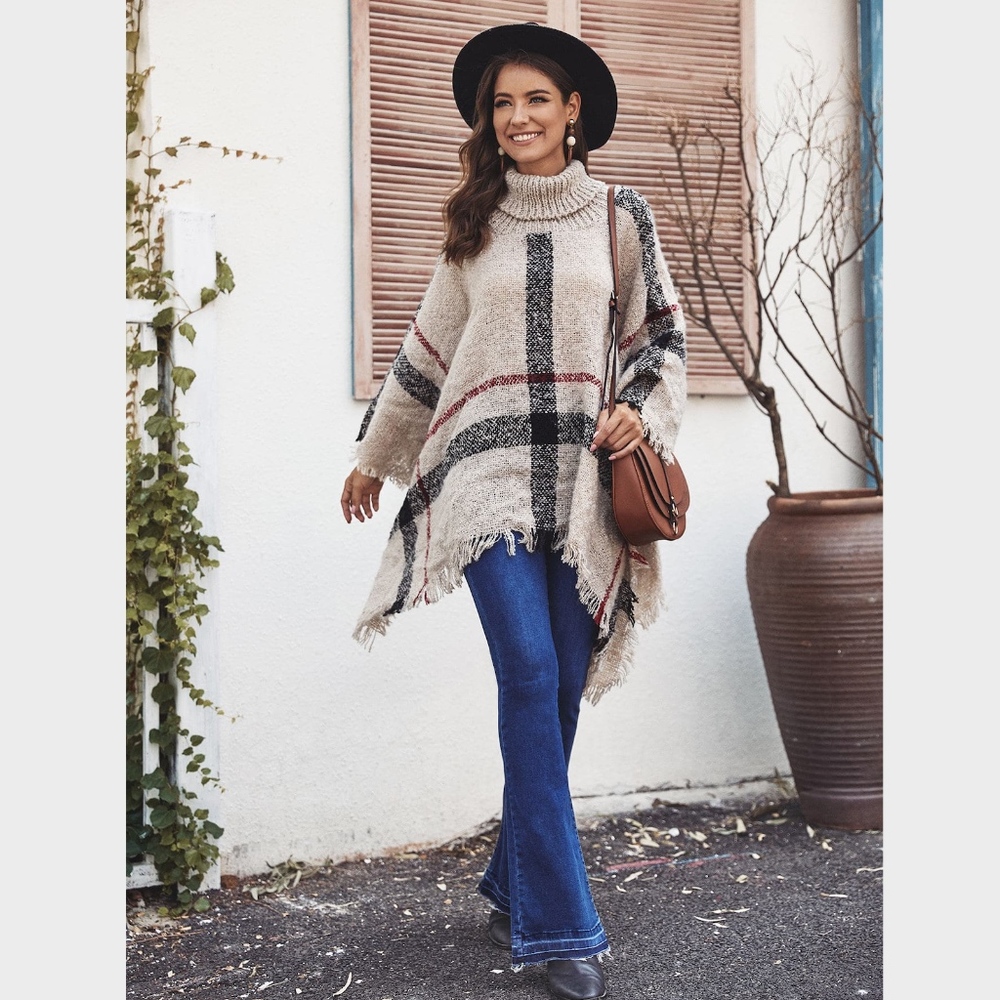 Plaid Beige Turtleneck Poncho - Picture 2 of 8